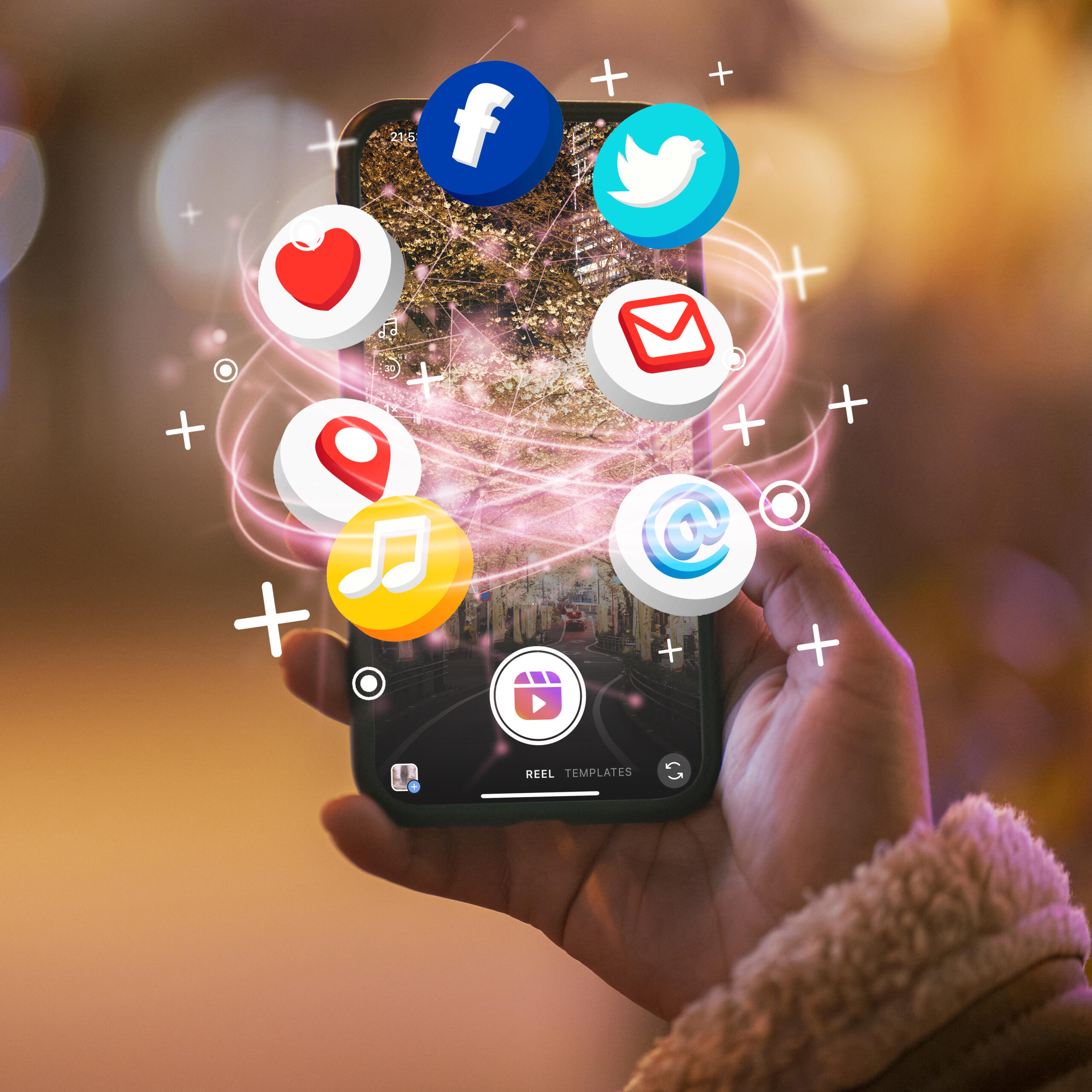 Infográfico ilustrando estratégias de presença digital em 2025, com ícones de campanhas digitais, sites otimizados, redes sociais e prospecção de leads.