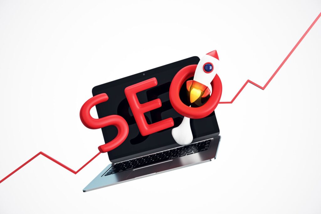 Ilustração de SEO com notebook, letras vermelhas “SEO” e um foguete, representando estratégias de SEO e crescimento orgânico.