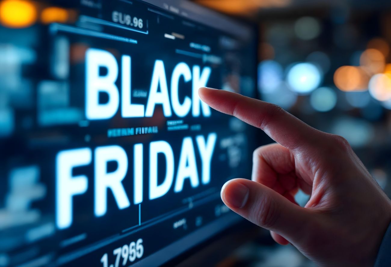 Pessoa toca em tela digital com destaque para Black Friday 2026 em ambiente tecnológico.