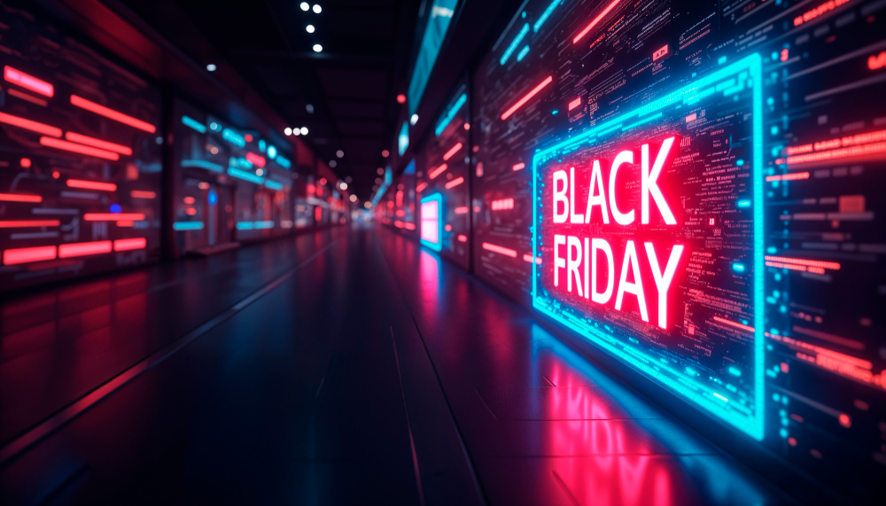 Telão lateral escrito Black Friday remetendo a Como consultorias e revendedres de TI podem aproveitar a Black Friday para aumentar vendas?