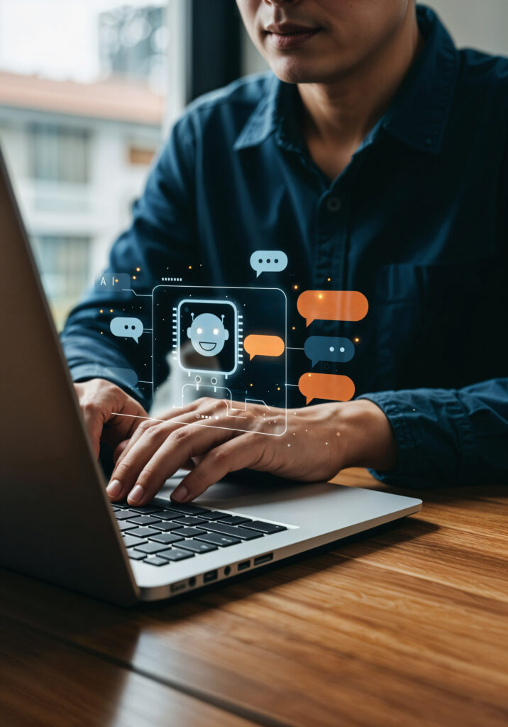 Homem usando laptop com ícones futurísticos de robô remetendo à automação de marketing.