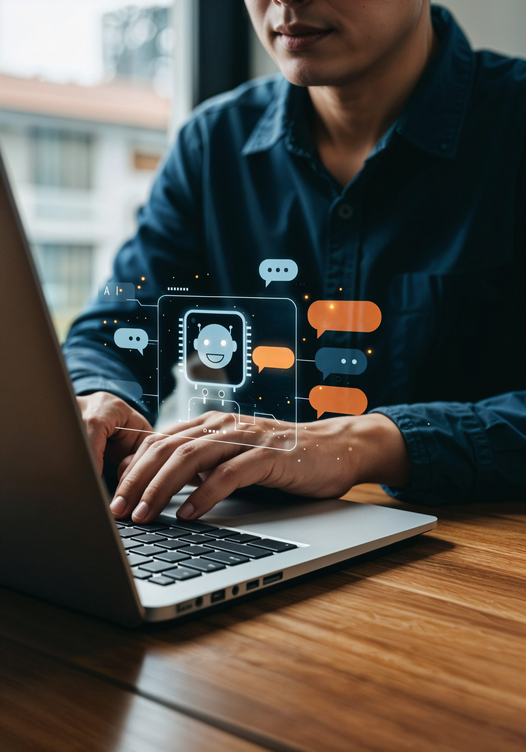 Homem usando laptop com ícones futurísticos de robô remetendo à automação de marketing.